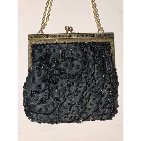 Vintage Handmade Beaded Black/Gold Clutch Purse - Picture 2 of 7